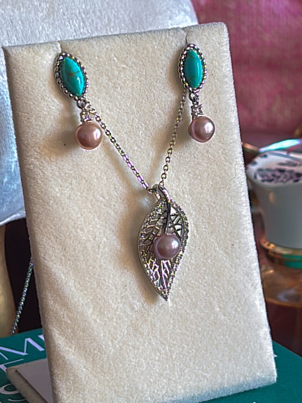 Silver Leaf Pendant Earring Set with Pearl Center | 925 Stamp | copied listing